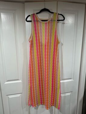 Mikey Swim, Neon Stripe Crochet Tank Dress, beach coverup